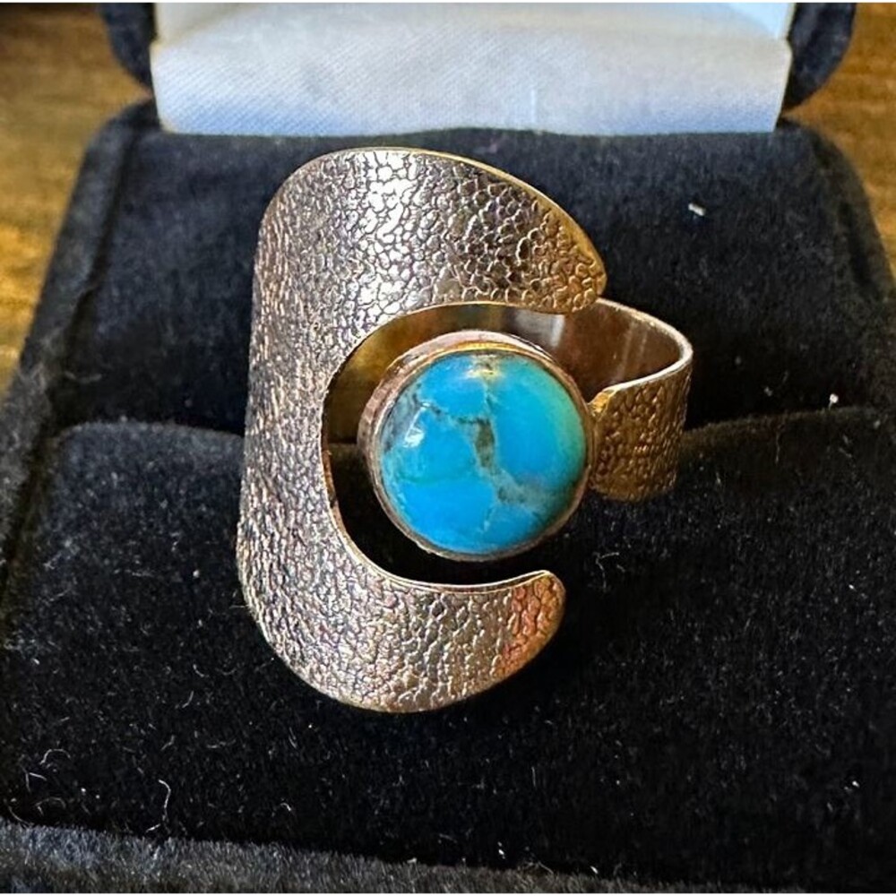 Round Turquoise Pure Copper Bypass Ring Size 9